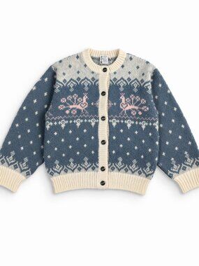 Vintage Knit Sweater With Peacock Designs, Blue, Pink, And Cream, 100% Wool